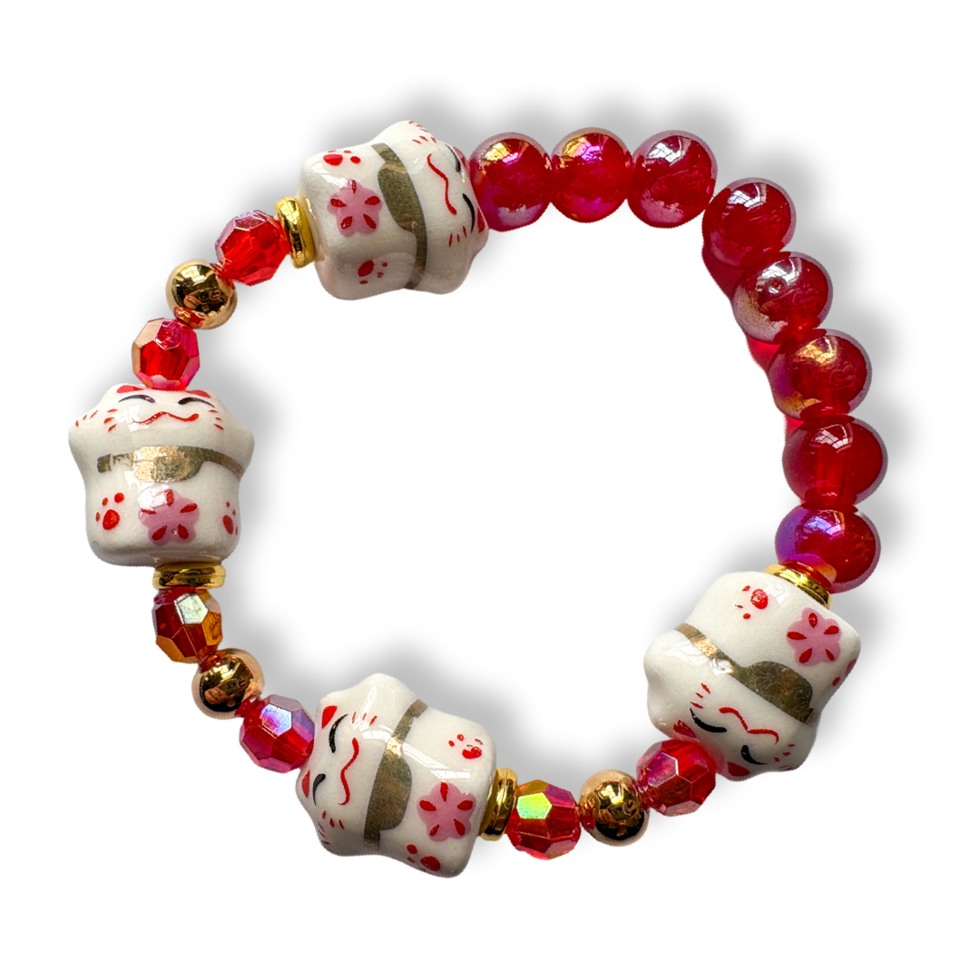 Lucky Cat Glass Bead Bracelet (4 Charm)